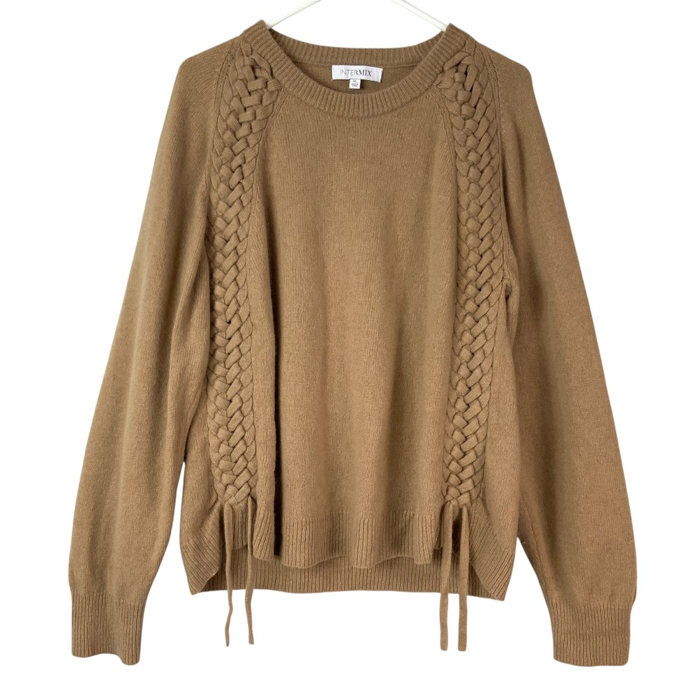 INTERMIX Brown Wool Cashmere Sweater XL Pullover Crewneck Long Sleeve Braid